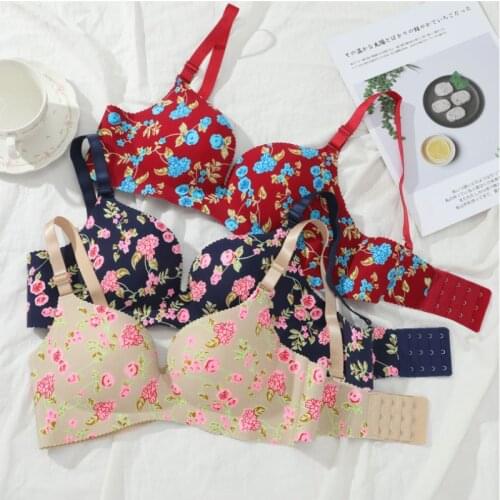 Sexy Lingerie Flower Print Gathered Bras Women Floral Push Up Seamless Bra Underwear