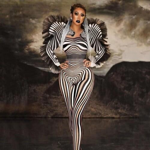 Halloween Women Nightclub Role Playing Costume Zebra pattern Jumpsuit Stretch Leotard Jumpsuits Cosplay Costume Party Show Wear