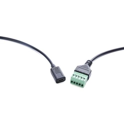 10pcs/lot USB-C USB 3.1 Type-C Female to 5 Pin Screw Connector with Shield Solderless Terminal Plug Adapter Cable Cord 30cm 1ft