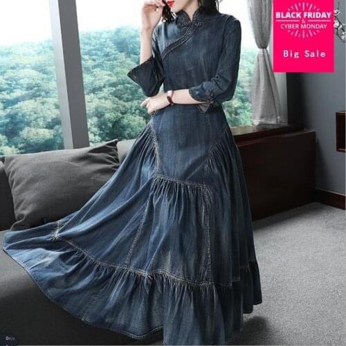 2020 autumn fashion brand 100% cotton Slim ruffles stitching Denim Dresses female good quality longer retro denim dress wq446