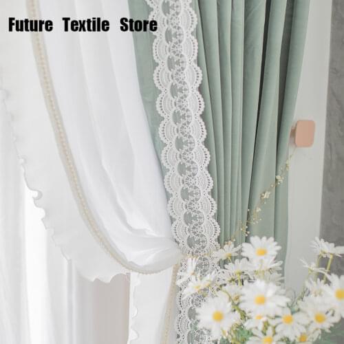 2021 New Avocado Green French Lace Princess Style Curtains Bedroom Living Room Bay Window Shading Curtains Modern and Simple