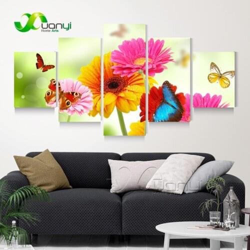 5 Panel Butterfuly Flower Oil Painting Canvas Picture Wall Art Home Decoracion Modern Print On Canvas Unframed PR1313