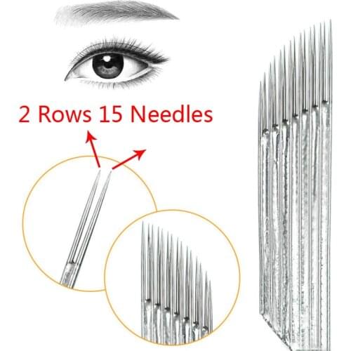 50pcs 2 Rows 15 Pins Permanent Makeup Microblading Needles Laminas Tebori Fog Eyebrow Tattoo Needles Microblading Shading Blades