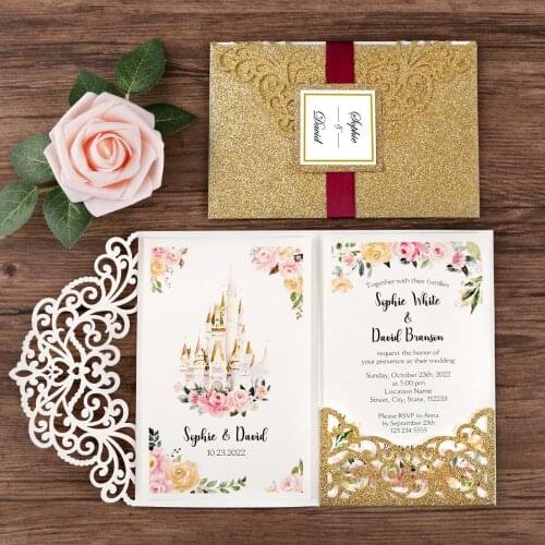 50pcs Custom Gold Glitter Laser Cut Hollow Wedding Invitations with Ribbon, Tag, Envelope for Wedding