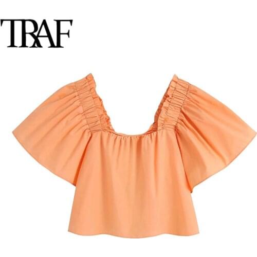 TRAF Women Sweet Fashion With Elastic Shoulder Poplin Blouses Vintage Slash Neck Puff Sleeve Female Shirts Chic Tops