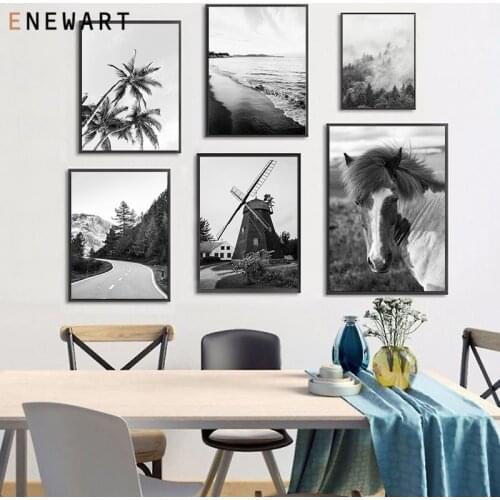 Black White Ocean Landscape Canvas Poster Nordic Foggy Mountain Wall Art Print Painting Horse Decoration Picture Home Decor