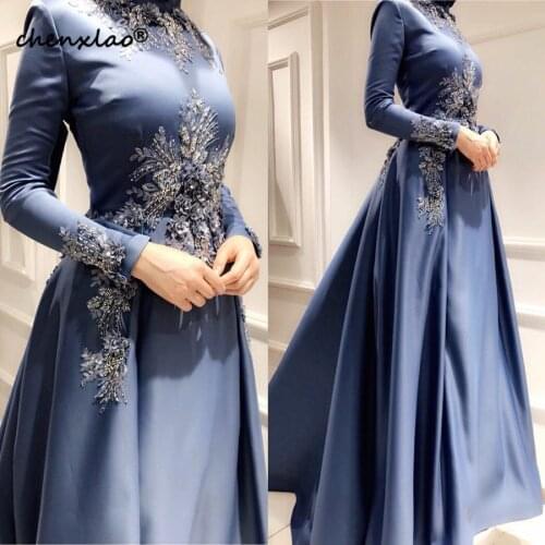 Elegant Muslim Evening Dresses Long Sleeve Dubai Arabic Evening Gowns With Applique Beaded A Line Formal Turkey Middle East Prom