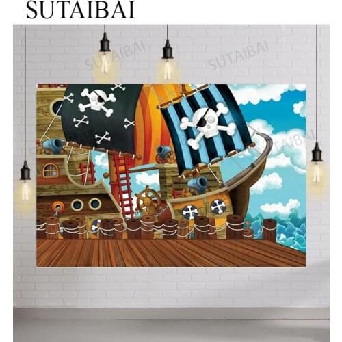 Pirate Ship Child Birthday Party Photo Backdrop Decor Blue Sky Ocean Baby Portrait Personalized Poster Photographic Background