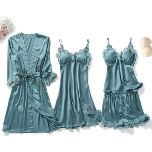 FZSLCYIYI 4/3/2/1Pcs Embroidery Trim Pajamas Sleepwear Sexy Satin Silk Homewear Sleep Lounge Pyjama With Chest Pads Nightwear