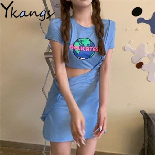 Ins Print Skirt Sets Short Sleeve Crop Top Strap Skirt 2 Piece Sets Y2K Fashion Matching Suit High Waist Suspender Skirt Sets