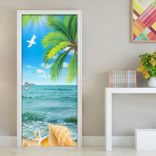 Coconut Tree Sea Water Sea View Door Sticker Living Room Bedroom Mural 3D Wallpaper Pvc Self-Adhesive Door Mural Papel De Pared