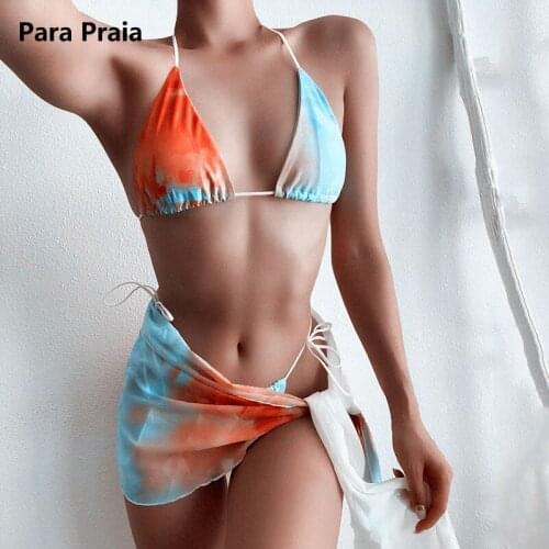 Para Praia 2020 Sexy Three Pieces Bikini Set With Skirt Tie-Dye Print Swimsuit Women Swimwear Brazilian Bathing Suit Summer