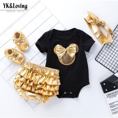 2020 Summer Newborn Baby Grils Clothes Set Short Sleeve Bowtie Romper+Shorts Dress+Headband+ Golden Shoes 4 Pcs