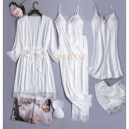 Sexy Lace Satin Robe Gown Sets Womens 5PCS Nighty Bathrobe Nightgown Sleep Suit Spring Sleepwear Home Kimono Intimate Lingerie