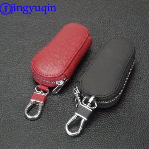 Jingyuqin Leather Car Key Wallet Men Key Holder Housekeeper Keys Organizer Women Keychain Covers Zipper Key Case Bag Pouch Purse