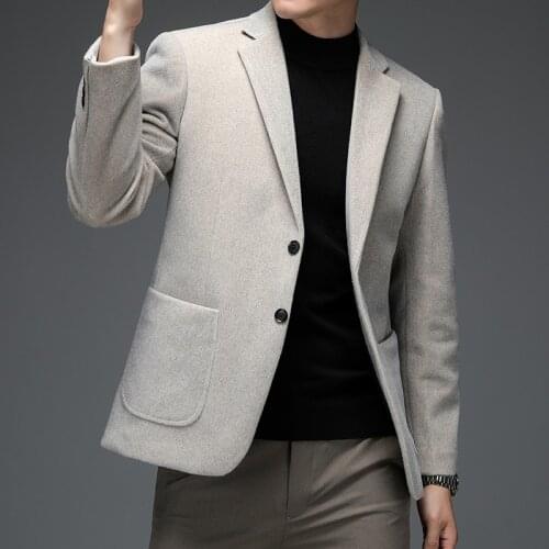 Autumn Winter Men Imitated Mink Wool Blazers Beige Black Smart Casual Suit Jacket Male Notched Collar Straight Business Outfits