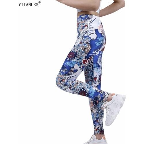 VIIANLES 2021 New Womens Mid Waist Legging Floral Pattern Leggins Colorful Print Stretch Trousers Push-Up Gym Clothing Skinny