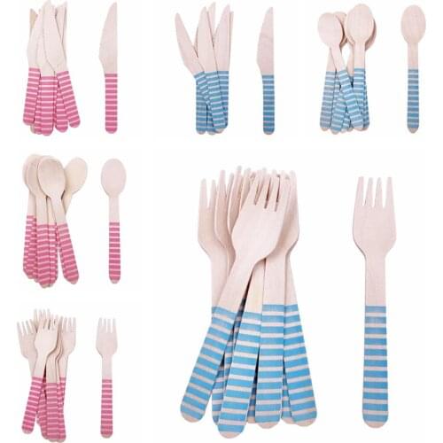 16pc Wooden Blue Pink Fork Knife Spoon Disposable Tableware Happy Birthday Party Decor Kids Baby Shower Supplies Wedding