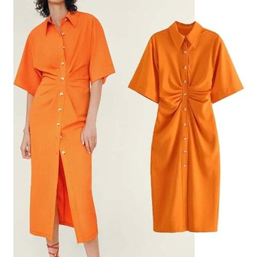 Button-up Draped Dresses For Women Summer Elegant Female Midi Shirt Dress Vintage Short Sleeve Side Zipper Chic Fashion Dress