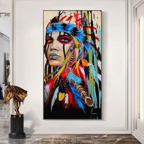 Pop Art Indian Girl Canvas Art Wall Paintings Watercolor Indian Woman With Feather Posters And Prints For Living Room Wall Decor