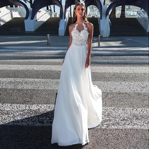 Wonderful Chiffon Crystals Halter Neckline A-line Wedding Dresses Elegant Sleeveless Bridal Dress noivas vestidos de noiva