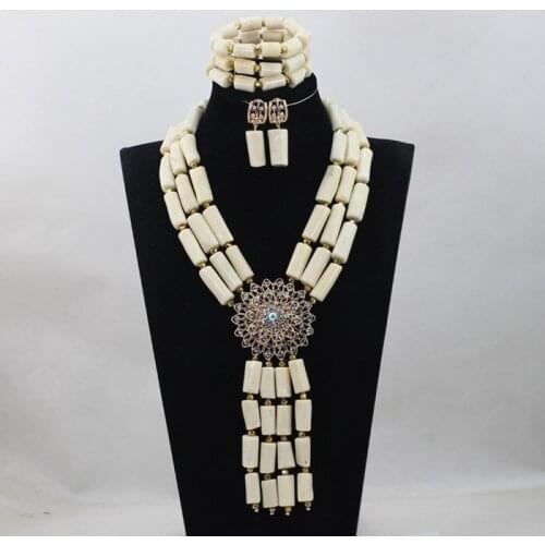 Romantic White Coral Bridal Statement Necklace Set 3 Layers Tube Coral Beads Necklace Bracelet Jewelry Set CNR739