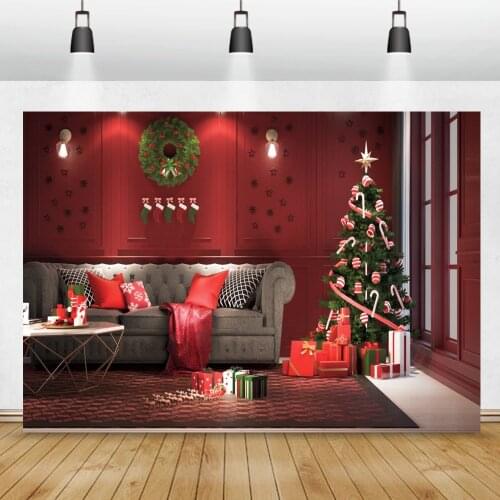Christmas Living Room Interior Background For Photography Tree Gifts Red Chic Wall Sofa Family Shoot Photo Backdrop Photocall