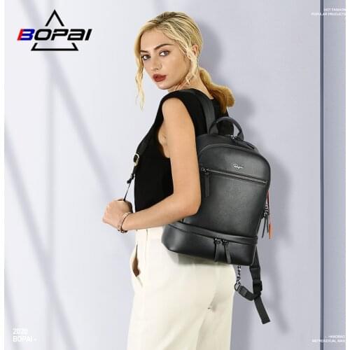 BOPAI Women Genuine Leather Backpack Fashion 13 Inch Laptop Waterproof Rucksacks Girls Trendy Schoolbag Large Capacity Light Bag