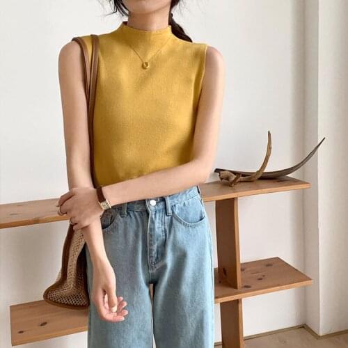 Summer Half high collar Knit Top Sleeveless Women Sexy Basic Off Shoulder Ribbed Tank Top Casual tank top women