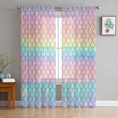 Mermaid Scales Ocean Rainbow Tulle Sheer Window Curtains for Living Room Kitchen Children Bedroom Voile Hanging Curtain