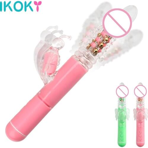IKOKY Butterfly Vibrator Telescopic Rotating Bead Rods Female Masturbator Dual Vibration Wand Sex Toys for Women G Spot Dildo