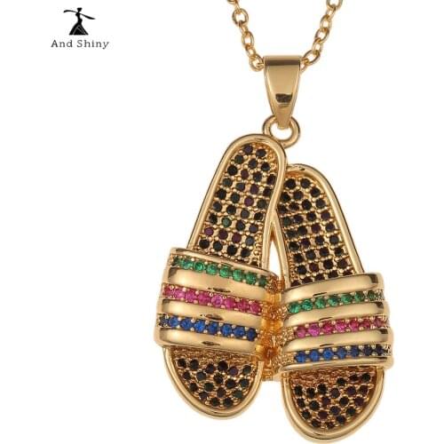 Andshiny Hip-hop Colorful Zircon Slippers Pendant Necklace Punk Personality Creative Golden Necklace Street Style Cool Jewelry