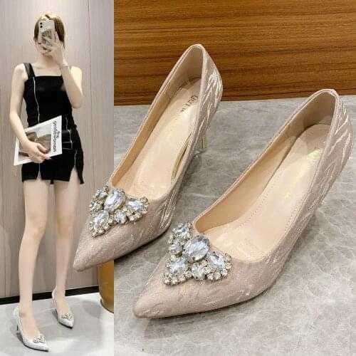 Diamond sandals female 2021 summer new light mouth thick with a word buckle pointed crystal with baotou sandals