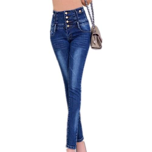 Womens Spring And Summer New Casual Abdomen Tight-Fitting Denim Trousers 2021Breasted High Waist Jeans