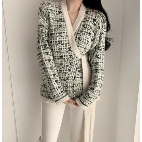 2021 Women Autumn Winter Colorful Plaid Knitted Wrapped Sweater Coat Jacket V Neck Lacing Up Elegant Slim Cardigan Outerwear