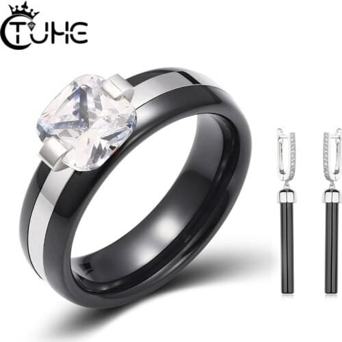 Women Jewelry Set Big Crystal Ceramic Rings With Long Drop Ceramic Earrings For Female Girls Wedding Engagement Party Gifts