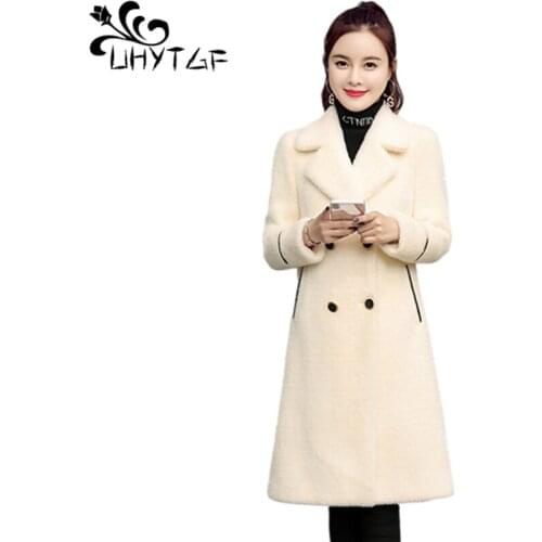 UHYTGF Quality Gold Mink Fleece Autumn Winter Woolen Coat Women Double-Breasted Casual Warm Female Jacket Plus Size Overcoat1366