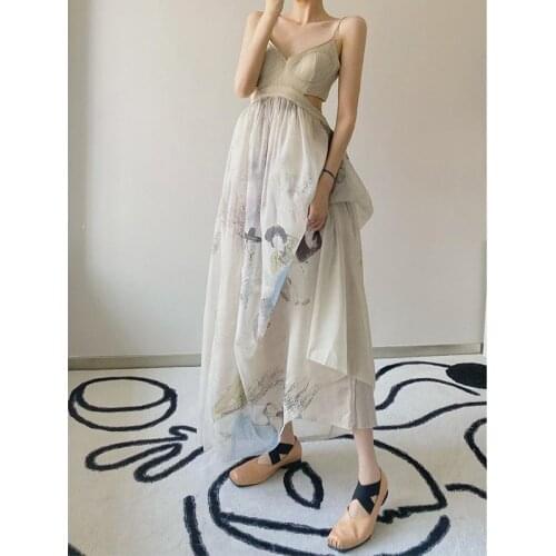 Women Apricot Hollow Chiffon Printed Dress V-Neck Sleeveless Loose Waist Hollow Backless Retro Mid-Length Dress Fashion Vestido