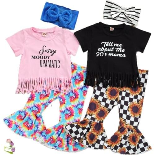 Infant Little Toddler Baby Girl Bell Bottom Outfits Short Sleeve T-Shirt Top Flared Leggings Pants Set 2PCS Outfits Clothes Set