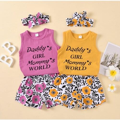 3Piece Kids Baby Girls Summer Clothing Fashion Letter Print Sleeveless Tank Top+Floral Shorts+Headband Casual Outfit