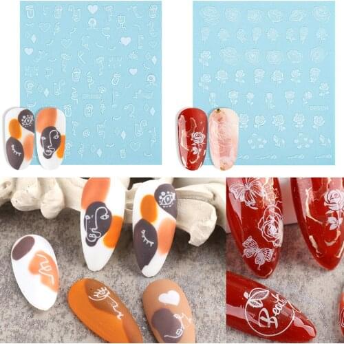 Butterfly Design 3D White Nail Stickers Rose Abstract Face Adhesive Spring Decals DIY Manicure Decorations Tips Nail Stickers