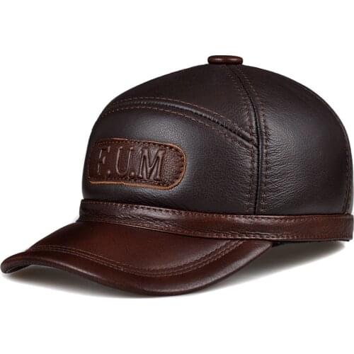 RY132 Winter Real Leather Fur One Baseball Caps For Man Male Adjustable Letters Casquette Black/Brown Dome Hockey Golf Dad Hat