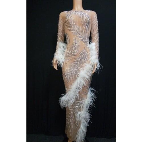 Shining Rhinestones pearls Mesh Dress Birthday Celebrate Dress Feather See Through Outfit Singer Prom Party Long Dresses
