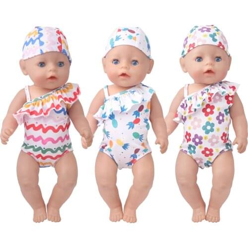 40-43 Cm Boy American Dolls Swimwear Print Halter Swimsuit Cap Newborn Baby Toys Accessories Fit 18 Inch Girls Doll Gift f889