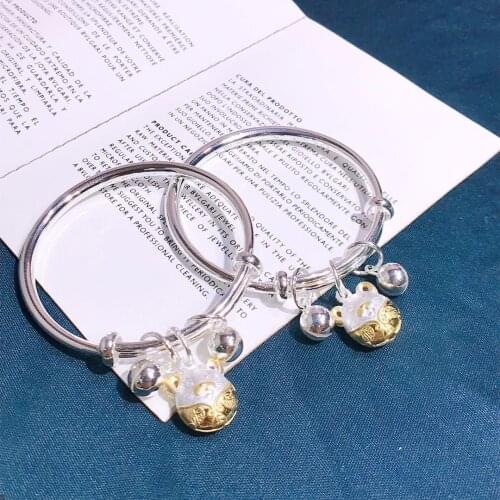 Whole 100% Genuine 999 Sterling Silver Bangles Mouse Bells for Girls & Boys Pure Shiny Child Jewelry Adjustable Pushed Wristband