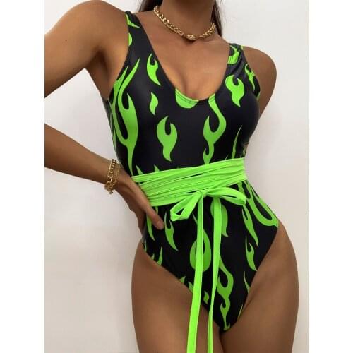 Flame Print One-piece Swimsuit Sexy Women Bathing Suit Summer New Sleeveless Bodysuit Monokini Backless Brazilian Biquini