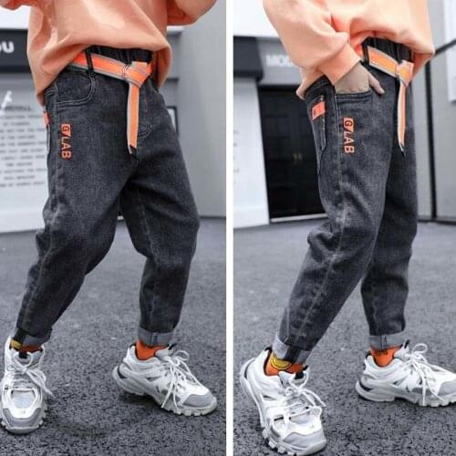 Childrens Jeans Clothes Kids Denim Stretch Pants Spring Autumn Boys Casual Trousers Print Letter Loose Pencil Pants For 4-15Y