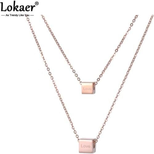 Lokaer 2 Layers Stainless Steel Rose Gold Color Necklace Love Letter Square Valentines Day Present N18276