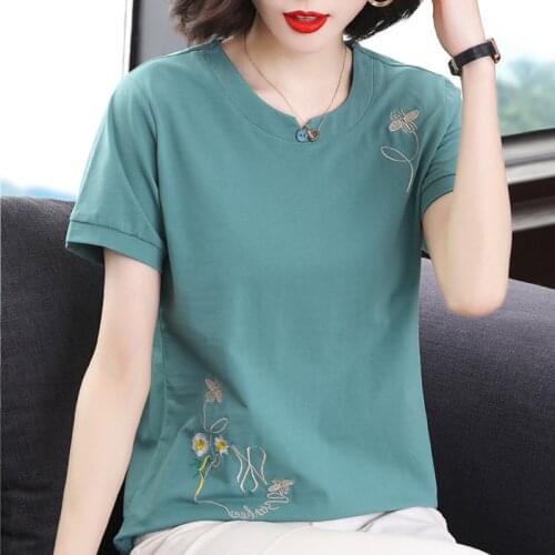 Shintimes Flowers Embroidery T Shirt Women 2021 Summer Tops Button T-Shirt Cotton Korean Fashion Woman Clothes Tee Shirt Femme