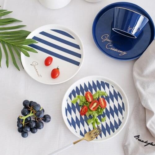 Ceramic golden edge plate salad dessert Western plate baking plate blue porcelain dinner set knikkers tableware Dinner Plates